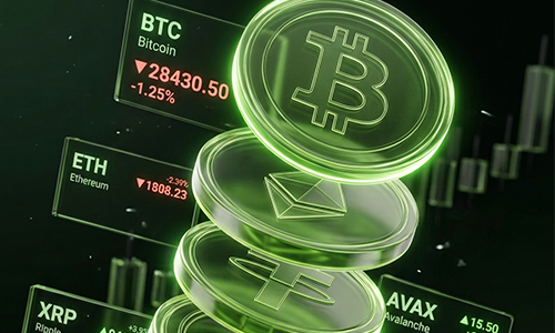 Pilha de moedas de criptomoedas: Bitcoin, Ethereum e outras
