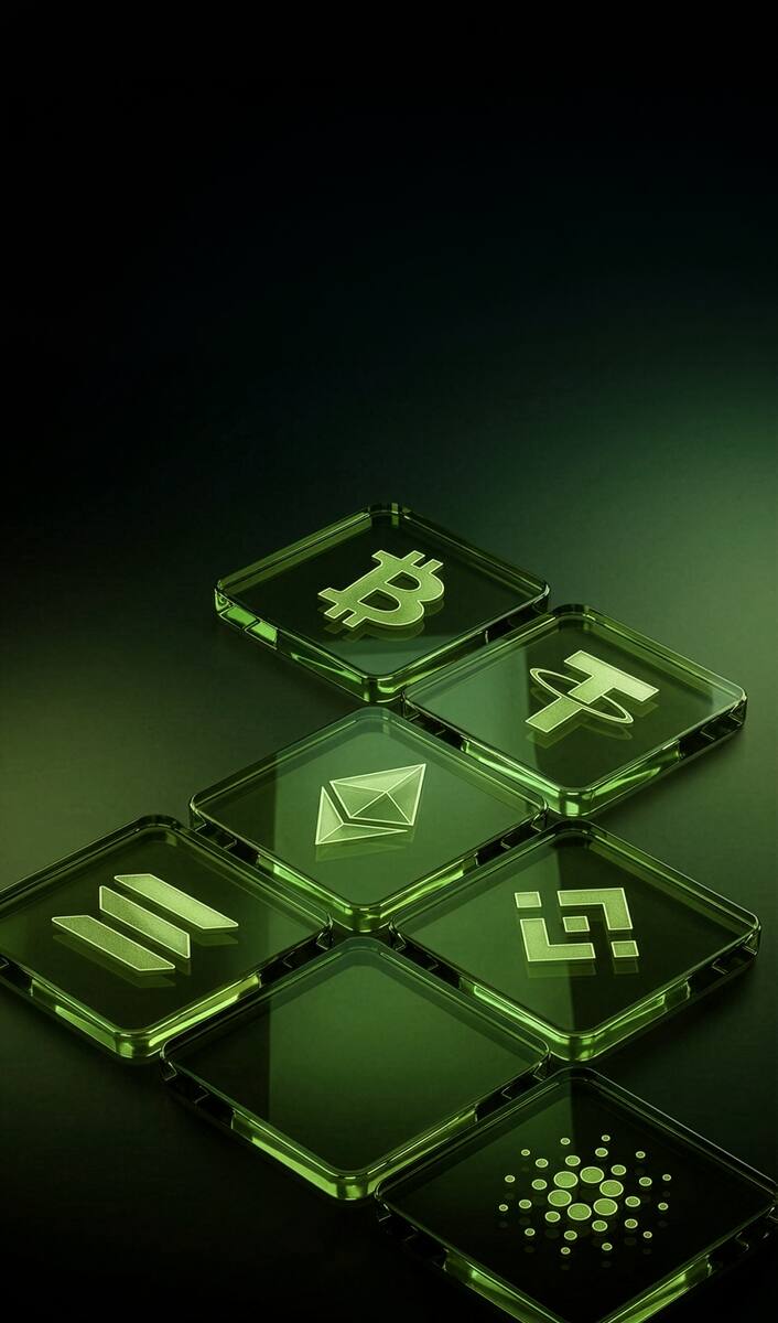 Ladrilhos de criptomoedas em vidro verde